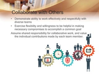Collaborate with Others
• Demonstrate ability to work effectively and respectfully with
diverse teams
• Exercise flexibility and willingness to be helpful in making
necessary compromises to accomplish a common goal
Assume shared responsibility for collaborative work, and value
the individual contributions made by each team member.
 