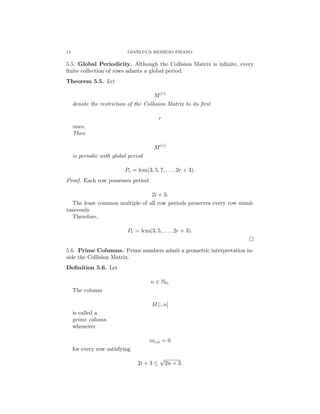 14 GIANLUCA REMIGIO PISANO
5.5. Global Periodicity. Although the Collision Matrix is infinite, every
finite collection of rows admits a global period.
Theorem 5.5. Let
M(r)
denote the restriction of the Collision Matrix to its first
r
rows.
Then
M(r)
is periodic with global period
Pr = lcm(3, 5, 7, . . . , 2r + 3).
Proof. Each row possesses period
2i + 3.
The least common multiple of all row periods preserves every row simul-
taneously.
Therefore,
Pr = lcm(3, 5, . . . , 2r + 3).
□
5.6. Prime Columns. Prime numbers admit a geometric interpretation in-
side the Collision Matrix.
Definition 5.6. Let
n ∈ N0.
The column
M[:, n]
is called a
prime column
whenever
mi,n = 0
for every row satisfying
2i + 3 ≤
√
2n + 3.
 