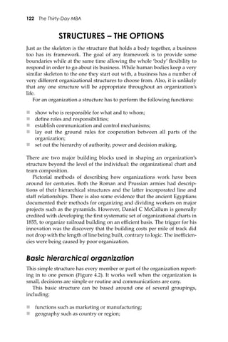 122 The Thirty-Day MBA
STRUCTURES – THE OPTIONS
Just as the skeleton is the structure that holds a body together, a business
too has its framework. The goal of any framework is to provide some
boundaries while at the same time allowing the whole ‘body’ ﬂexibility to
respond in order to go about its business. While human bodies keep a very
similar skeleton to the one they start out with, a business has a number of
very diﬀerent organizational structures to choose from. Also, it is unlikely
that any one structure will be appropriate throughout an organization’s
life.
For an organization a structure has to perform the following functions:
 show who is responsible for what and to whom;
 deﬁne roles and responsibilities;
 establish communication and control mechanisms;
 lay out the ground rules for cooperation between all parts of the
organization;
 set out the hierarchy of authority, power and decision making.
There are two major building blocks used in shaping an organization’s
structure beyond the level of the individual: the organizational chart and
team composition.
Pictorial methods of describing how organizations work have been
around for centuries. Both the Roman and Prussian armies had descrip-
tions of their hierarchical structures and the la�er incorporated line and
staﬀ relationships. There is also some evidence that the ancient Egyptians
documented their methods for organizing and dividing workers on major
projects such as the pyramids. However, Daniel C McCallum is generally
credited with developing the ﬁrst systematic set of organizational charts in
1855, to organize railroad building on an eﬃcient basis. The trigger for his
innovation was the discovery that the building costs per mile of track did
not drop with the length of line being built, contrary to logic. The ineﬃcien-
cies were being caused by poor organization.
Basic hierarchical organization
This simple structure has every member or part of the organization report-
ing in to one person (Figure 4.2). It works well when the organization is
small, decisions are simple or routine and communications are easy.
This basic structure can be based around one of several groupings,
including:
 functions such as marketing or manufacturing;
 geography such as country or region;
 