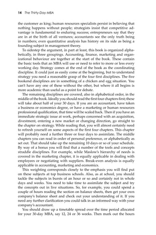 14 The Thirty-Day MBA
the customer as king; human resources specialists persist in believing that
nothing happens without people; strategists insist that competitive ad-
vantage is fundamental to enduring success; entrepreneurs say that they
are in at the birth of all ventures; accountants see the only truth being
in numbers; even quantitative analysis has history on its side as being a
founding subject in management theory.
To sidestep the argument, in part at least, this book is organized alpha-
betically, in three groupings. Accounting, ﬁnance, marketing and organ-
izational behaviour are together at the start of the book. These contain
the basic tools that an MBA will use or need to refer to more or less every
working day. Strategy comes at the end of the book as the coordinating
discipline. It could just as easily come at the beginning, but to understand
strategy you need a reasonable grasp of the four ﬁrst disciplines. The ﬁve
bookend disciplines are in something of a chicken and egg situation. You
can’t have any one of these without the other, but where it all begins is
more academic than useful as a point for debate.
The remaining disciplines are covered, also in alphabetical order, in the
middle of the book. Ideally you should read the ﬁrst four chapters ﬁrst; these
will take about half of your 30 days. If you are an accountant, have taken
a business or economics degree, or have a marketing or human resources
professional qualiﬁcation, that time will be scaled back. Then if you have an
immediate strategic issue at work, perhaps concerned with an acquisition,
divestment, entering a new market or changing direction, go straight to
the chapter on strategy. While reading that, you will almost certainly need
to refresh yourself on some aspects of the ﬁrst four chapters. This chapter
will probably need a further three or four days to assimilate. The middle
chapters you can read in order of personal preference, or alphabetically as
set out. That should take up the remaining 10 days or so of your schedule.
By way of a bonus you will ﬁnd that a number of the tools and concepts
straddle disciplines. For example, while Maslow’s hierarchy of needs is
covered in the marketing chapter, it is equally applicable in dealing with
employees or negotiating with suppliers. Break-even analysis is equally
applicable in accounting, marketing and economics.
This weighting corresponds closely to the emphasis you will ﬁnd put
on these subjects at top business schools. Also, as at school, you should
tackle the subjects in bursts of an hour or so and certainly not in whole
days and weeks. You need to take time to assimilate the subject and try
the concepts out in live situations. So, for example, you could spend a
couple of hours reading the section on balance sheets, then get your own
company’s balance sheet and check out your understanding of it. If you
need any further clariﬁcation you could talk in an informed way with your
company’s accountant.
You should draw up a timetable spread over the time period allocated
for your 30-day MBA, say 12, 24 or 36 weeks. Then mark out the hours
 