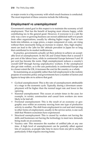 210 The Thirty-Day MBA
or major events in a big economy with which much business is conducted.
The most important of these concerns include the following.
Employment vs unemployment
Government’s stated goal in this respect is to maintain the economy at full
employment. That has the beneﬁt of keeping most citizens happy, while
contributing tax to the general good. However, if everyone is in a job the
only way a new or growing business can recruit additional staﬀ is to poach
from other organizations, usually by oﬀering higher wages. That in turn
feeds into inﬂation, as wage prices, a major component of costs, are rising
without there necessarily being an increase in output. Also, high employ-
ment can lead to the ‘jobs for life’ a�itude prevalent in Japan for so long
that contributed to its market ineﬃciencies.
In practice, governments actually set their policies to achieve an accept-
able level of unemployment. In the UK and United States that is around 5
per cent of the labour force, while in continental Europe between 9 and 10
per cent has become the norm. High unemployment reduces a country’s
overall GDP through having unproductive workers. If the unemployed
also get state welfare, as is the case particularly in continental Europe and
to a lesser extent the UK, it increases the cost for the country as a whole.
So maintaining an acceptable rather than full employment is the realistic
purpose of economic policy and governments have a number of factors and
ﬁgures to keep tabs on to achieve that goal:
 Cyclical unemployment: This is the rate of unemployment a�ributable
to a stage in the economic cycle. Typically, during a downturn unem-
ployment will be higher than the normal target rate and lower in the
upswing.
 Seasonal unemployment: This occurs at certain times in the year; for
example, in winter, construction and casual farm workers are more
likely to be laid oﬀ.
 Frictional unemployment: This is the result of an economy or geo-
graphic area within an economy moving from one type of productive
activity to another. The shi� from employment in coal and steel mining
to other forms of employment, usually in the service sector, is one such
shi� that Western economies have experienced.
 Structural unemployment: This is caused by workers not having the
skills and businesses not having the technology to meet new demands
being made on an economy.
 Vacancy rate: This measures the number of unﬁlled jobs at any one
time. A high level of unemployment can be partially oﬀset against
lots of vacancies, as people take time to move from one job to another,
particularly if that requires moving home.
 
