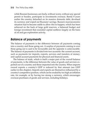 212 The Thirty-Day MBA
while Russian businesses can freely, without worry, without any special
permit or burden, participate in investments overseas. Barely 8 years
earlier the country defaulted on its massive domestic debt, devalued
its currency and wiped out Russians’ savings. Russia’s macroeconomic
situation had to become stable to allow this to happen, which has been
achieved on the back of large gold reserves, a balanced budget and
foreign investment that exceeded capital outﬂows largely on the basis
of oil and gas exploration activity.
Balance of payments
The balance of payments is the diﬀerence between all payments coming
into a country and those going out. A surplus of payments coming in over
those going out is said to be favourable and the opposite is unfavourable.
The balance of payments is divided into two accounts: the current account,
such as payments for imports, exports, services and transfers of money;
and capital account payments for physical and ﬁnancial assets.
The balance of trade, which is itself a major part of the overall balance
of payments, is the diﬀerence between the value of goods and services ex-
ported out of a country and those imported into the country. When imports
exceed exports a country’s GDP is reduced by that amount (see GDP
earlier in this chapter). Imports and exports are themselves inﬂuenced by a
country’s competitive position, which can be eroded by too high an inﬂation
rate, for example, or by having too strong a currency, which encourages
overseas purchases of goods and services, including holidays.
 