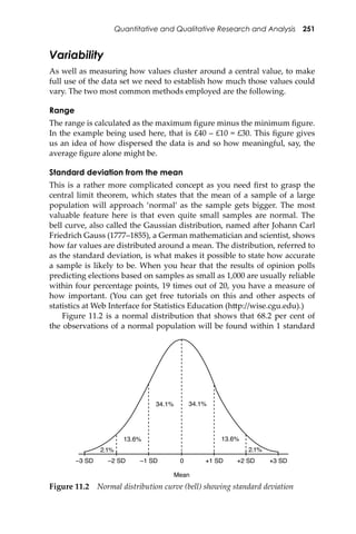 Quantitative and Qualitative Research and Analysis 251
Variability
As well as measuring how values cluster around a central value, to make
full use of the data set we need to establish how much those values could
vary. The two most common methods employed are the following.
Range
The range is calculated as the maximum ﬁgure minus the minimum ﬁgure.
In the example being used here, that is £40 – £10 = £30. This ﬁgure gives
us an idea of how dispersed the data is and so how meaningful, say, the
average ﬁgure alone might be.
Standard deviation from the mean
This is a rather more complicated concept as you need ﬁrst to grasp the
central limit theorem, which states that the mean of a sample of a large
population will approach ‘normal’ as the sample gets bigger. The most
valuable feature here is that even quite small samples are normal. The
bell curve, also called the Gaussian distribution, named a�er Johann Carl
Friedrich Gauss (1777–1855), a German mathematician and scientist, shows
how far values are distributed around a mean. The distribution, referred to
as the standard deviation, is what makes it possible to state how accurate
a sample is likely to be. When you hear that the results of opinion polls
predicting elections based on samples as small as 1,000 are usually reliable
within four percentage points, 19 times out of 20, you have a measure of
how important. (You can get free tutorials on this and other aspects of
statistics at Web Interface for Statistics Education (h�p://wise.cgu.edu).)
Figure 11.2 is a normal distribution that shows that 68.2 per cent of
the observations of a normal population will be found within 1 standard
Figure 11.2 Normal distribution curve (bell) showing standard deviation
Mean
–3 SD –2 SD –1 SD 0 +1 SD +2 SD +3 SD
2.1% 2.1%
13.6% 13.6%
34.1% 34.1%
 