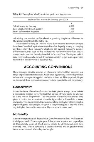 Accounting 21
calculating one month’s proﬁts when the quarterly telephone bill comes in.
The picture might look like Table 1.2.
This is clearly wrong. In the ﬁrst place, three months’ telephone charges
have been ‘matched’ against one month’s sales. Equally wrong is charging
anything other than January’s telephone bill against January’s income.
Unfortunately, bills such as this are rarely to hand when you want the ac-
counts, so in practice the telephone bill is ‘accrued’ for. The ﬁgure (which
may even be absolutely correct if you have a meter) is put in as a provision
to meet this liability when it becomes due.
ACCOUNTING CONVENTIONS
These concepts provide a useful set of ground rules, but they are open to a
range of possible interpretations. Over time, a generally accepted approach
to how the concepts are applied has been arrived at. This approach hinges
on the use of three conventions: conservatism, materiality and consistency.
Conservatism
Accountants are o�en viewed as merchants of gloom, always prone to take
a pessimistic point of view. The fact that a point of view has to be taken at
all is the root of the problem. The convention of conservatism means that,
given a choice, the accountant takes the ﬁgure that will result in a lower
end proﬁt. This might mean, for example, taking the higher of two possible
expense ﬁgures. Few people are upset if the proﬁt ﬁgure at the end of the
day is higher than earlier estimates. The converse is never true.
Materiality
A strict interpretation of depreciation (see above) could lead to all sorts of
trivial paperwork. For example, pencil sharpeners, staplers and paperclips,
all theoretically items of ﬁxed assets, should be depreciated over their
working lives. This is obviously a useless exercise and in practice these
items are wri�en-oﬀ when they are bought.
Table 1.2 Example of a badly matched proﬁt and loss account
Proﬁt and loss account for January, year 20XX
£
Sales income for January 4,000
Less telephone bill (last quarter) 800
Proﬁt before other expenses 3,200
 