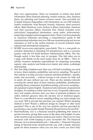 292 Appendix
their own organizations. There are hundreds of articles that detail
information about ﬁnancial planning, market analysis, sales, business
plans, tax planning and human resource issues. Also provided are
in-depth business biographies with information on over 600 industry
leaders worldwide, from Bernard Arnault, chairman, chief executive
oﬃcer, Moét Hennessy Louis Vui�on to Klaus Zumwinkel, chairman
and chief executive oﬃcer, Deutsche Post. Details included cover
individuals’ biographical information, career paths, achievements,
leadership strategies and management styles. There is an Encyclopaedia
of American Industries providing a comprehensive guide to 460
manufacturing industries and over 500 non-manufacturing and service
industries as well as the outline histories of several hundred major
national and international companies.
 SCORE (www.score.org/explore_score.html): This is a non-proﬁt as-
sociation dedicated to educating US entrepreneurs and is a resource
partner with the US Small Business Administration (SBA). The site,
though useful, is less than easy to navigate. This link takes you to
a page with details on the most useful areas for an MBA – ‘How to’
articles, business templates (spreadsheets for preparing accounting
reports, ratio analysis and break-even charts) and online workshops
and learning.
 Stat Trek (h�p://sta�rek.com): Here you will ﬁnd everything you need
to know about statistics, probability, and survey sampling. The goal of
this website is to help you solve common statistical problems – quickly,
easily, and accurately – without having to ask anyone for help and
in nearly all cases without any cost. There are free statistics tutorials
covering the central ideas of basic statistics: probability, distributions,
sampling theory, estimation, hypothesis testing, and survey sampling –
all explained in plain English. Analytical tools eliminate computational
drudgery. Everything is online and easy to use. Frequently asked ques-
tions and sample exercises steer you clear of potential problems. An
online statistics glossary takes the mystery out of statistical jargon.
There is a cost-eﬀective survey sampling telling you what sample size
you need. Will it provide the precision you require? Which sampling
method is best? Would a diﬀerent design be cheaper or oﬀer more
precision? This is one of the very few paid-for services provided by
purchasing a one-month Sample Planning Wizard licence for just $10.
 StreetAuthority, LLC is a ﬁnancial research publishing ﬁrm aimed at
private investors, giving them access to the ideas and insights of some
of the country’s top investment analysts and writers. There are two free
resources well worth keeping in your ‘favourites’ ﬁle. The Financial
Glossary (www.streetauthority.com > Education > Financial Glossary)
listing of ﬁnancial terms should provide you with a handy reference
guide for those instances when you run into a term you don’t fully
 