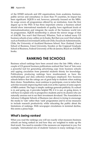 302 Appendix
of the EFMD network and 650 organizations from academia, business,
public service and consultancy in more than 75 countries, its impact has
been signiﬁcant. EQUIS is not, however, primarily focused on the MBA.
Its scope covers all programmes oﬀered by an institution, from the ﬁrst
degree up to the PhD. It has three important criteria: a business school
should show international standards of quality, have signiﬁcant levels of
internationalization and integrate the needs of the business world into
its programmes. EQUIS membership is almost the mirror image of that
of AACSB. You won’t ﬁnd Harvard, Wharton, Tuck or indeed many US
business schools of any calibre on its books. But then you won’t ﬁnd schools
such as Pontiﬁcia Universidad Católica de Chile, Escuela deAdministración,
Chile, the University of Auckland Business School, New Zealand, Umeå
School of Business, Umeå University, Sweden or the Coppead Graduate
School of Business, Federal University of Rio de Janeiro, Brazil on AACSB’s
books.
RANKING THE SCHOOLS
Business school rankings have been around since the late 1980s, when a
couple of US general business publications realized that ‘best of’ lists were
a powerful tool for generating advertising copy from business schools
and upping circulation from potential students thirsty for knowledge.
Publications producing rankings have mushroomed, as have the
methodologies and data collection techniques employed. Few business
schools believe that the ratings are of great help to students when making
their choice. Nonetheless, most continue to participate, even to tailor their
activities towards improving their rank even at the expense of some aspects
of MBA content. The logic is simple: rankings generate publicity. If a school
is in and going up, it provides helpful PR; if it is out, or going down, it
will have to explain why to prospective students and to its alumni who are
naturally anxious not to see their investment devalued. The Association to
Advance Collegiate Schools of Business (see above) is trying to encourage
the media to ‘rate’ rather than ‘rank’ programmes and to revise measures
to include research productivity while educating the public about the
limitations of rankings. With newspaper circulations in terminal decline,
this seems a pious hope.
What’s being ranked
When you read the rankings you will see exactly what measures business
schools are being ranked on and how they are weighted to make up the
ﬁnal result. You need to consider if the measures are important to you. For
example, ‘international mix of students’ features in many rankings; if you
 