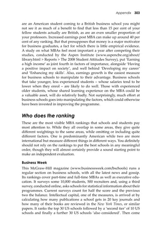 Appendix 303
are an American student coming to a British business school you might
not see it as much of a beneﬁt to ﬁnd that less than 15 per cent of your
fellow students actually are British, as are an even smaller proportion of
your professors. Increased earnings post MBA can make up around 40 per
cent of any ranking. But that presupposes that money is a major motivator
for business graduates, a fact for which there is li�le empirical evidence.
A study on what MBAs feel most important a year a�er competing their
studies, conducted by the Aspen Institute (www.aspencbe.org/about/
library.html > Reports > The 2008 Student A�itudes Survey), put ‘Earning
a high income’ as joint fourth in factors of importance, alongside ‘Having
a positive impact on society’, and well behind ‘Developing my career’
and ‘Enhancing my skills’. Also, earnings growth is the easiest measure
for business schools to manipulate to their advantage. Business schools
that take younger, less experienced students – whose salaries tend to be
lower when they enrol – are likely to do well. Those with experienced
older students, whose shared learning experience on the MBA could be
a valuable asset, will do relatively badly. Not surprisingly, much eﬀort at
business schools goes into manipulating the factors, which could otherwise
have been invested in improving the programme.
Who does the ranking
These are the most visible MBA rankings that schools and students pay
most a�ention to. While they all overlap in some areas, they give quite
diﬀerent weightings to the same areas, while omi�ing or including quite
diﬀerent factors. One is predominantly American while two are more
international but measure diﬀerent things in diﬀerent ways. You deﬁnitely
should not rely on the rankings to put the best schools in any meaningful
order, though they will almost certainly provide a sound starting point to
make an independent evaluation.
Business Week
This McGraw-Hill magazine (www.businessweek.com/bschools) runs a
regular section on business schools, with all the latest news and gossip.
Its rankings cover part-time and full-time MBAs as well as executive edu-
cation. It surveys some 10,000 students, 500 recruiters and, using a third
survey, conducted online, asks schools for statistical information about their
programmes. Current surveys count for half the score and the previous
two the balance. Intellectual capital, one of the measures, is arrived at by
calculating how many publications a school gets in 20 key journals and
how many of their books are reviewed in the New York Times, or similar
papers. It ranks the top 30 US schools followed by a ‘second tier’ of 10 US
schools and ﬁnally a further 30 US schools ‘also considered’. Then come
 