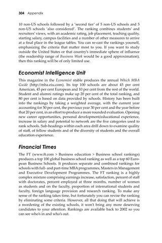 304 Appendix
10 non-US schools followed by a ‘second tier’ of 5 non-US schools and 5
non-US schools ‘also considered’. The ranking combines students’ and
recruiters’ views, with an academic rating, job placement, teaching quality,
starting salary, campus facilities and a number of other measures to arrive
at a ﬁnal place in the league tables. You can re-cast the rankings yourself,
emphasizing the criteria that ma�er most to you. If you want to study
outside the United States or that country’s immediate sphere of inﬂuence
(the readership range of Business Week would be a good approximation),
then this ranking will be of only limited use.
Economist Intelligence Unit
This magazine in the Economist stable produces the annual Which MBA
Guide (h�p://mba.eiu.com). Its top 100 schools are about 45 per cent
American, 45 per cent European and 10 per cent from the rest of the world.
Student and alumni ratings make up 20 per cent of the total ranking, and
80 per cent is based on data provided by schools. History has been built
into the rankings by taking a weighted average, with the current year
accounting for 50 per cent, the previous year 30 per cent and the year before
that 20 per cent, in an eﬀort to produce a more rounded evaluation. Opening
new career opportunities, personal development/educational experience,
increase in salary and potential to network are the ﬁve categories used to
rank schools. Sub-headings within each area drill down to examine quality
of staﬀ, of fellow students and of the diversity of students and the overall
education experience.
Financial Times
The FT (www.�.com > Business education > Business school rankings)
produces a top 100 global business school ranking as well as a top 60 Euro-
pean Business Schools. It produces separate and combined rankings for
schools with full- and part-time MBAprogrammes, Masters in Management
and Executive Development Programmes. The FT ranking is a highly
complex mixture comprising earnings increase, satisfaction, percent of staﬀ
with doctorates, percent employed at three months, number of women
as students and on the faculty, proportion of international students and
faculty, foreign language provision and research ranking. To make any
sense of the ranking takes time, but fortunately you can revise the ranking
by eliminating some criteria. However, all that doing that will achieve is
a reordering of the existing schools, it won’t bring any more deserving
candidates to your a�ention. Rankings are available back to 2002 so you
can see who’s in and who’s out.
 
