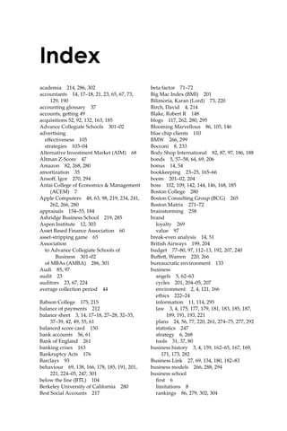 academia 214, 286, 302
accountants 14, 17–18, 21, 23, 65, 67, 73,
129, 190
accounting glossary 37
accounts, ge�ing 49
acquisitions 52, 92, 132, 163, 185
Advance Collegiate Schools 301–02
advertising
eﬀectiveness 105
strategies 103–04
Alternative Investment Market (AIM) 68
Altman Z-Score 47
Amazon 82, 268, 280
amortization 35
Ansoﬀ, Igor 270, 294
Antai College of Economics & Management
(ACEM) 7
Apple Computers 48, 63, 98, 219, 234, 241,
262, 266, 280
appraisals 154–55, 184
Ashridge Business School 219, 285
Aspen Institute 12, 303
Asset Based Finance Association 60
asset-stripping game 65
Association
to Advance Collegiate Schools of
Business 301–02
of MBAs (AMBA) 286, 301
Audi 85, 97
audit 23
auditors 23, 67, 224
average collection period 44
Babson College 175, 215
balance of payments 212
balance sheet 3, 14, 17–18, 27–28, 32–35,
37–39, 42, 49, 55, 61
balanced score card 150
bank accounts 56, 61
Bank of England 261
banking crises 163
Bankruptcy Acts 176
Barclays 93
behaviour 69, 138, 166, 178, 185, 191, 201,
221, 224–05, 247, 301
below the line (BTL) 104
Berkeley University of California 280
Best Social Accounts 217
beta factor 71–72
Big Mac Index (BMI) 201
Bilimoria, Karan (Lord) 73, 220
Birch, David 4, 214
Blake, Robert R 148
blogs 117, 262, 280, 295
Blooming Marvellous 86, 105, 146
blue chip clients 110
BMW 266, 299
Bocconi 8, 233
Body Shop International 82, 87, 97, 186, 188
bonds 5, 57–58, 64, 69, 206
bonus 14, 54
bookkeeping 23–25, 165–66
boom 201–02, 204
boss 102, 109, 142, 144, 146, 168, 185
Boston College 280
Boston Consulting Group (BCG) 265
Boston Matrix 271–72
brainstorming 258
brand
loyalty 269
value 97
break-even analysis 14, 51
British Airways 199, 204
budget 77–80, 97, 112–13, 192, 207, 240
Buﬀe�, Warren 220, 266
bureaucratic environment 133
business
angels 5, 62–63
cycles 201, 204–05, 207
environment 2, 4, 121, 166
ethics 222–24
information 11, 114, 295
law 3, 4, 175, 177, 179, 181, 183, 185, 187,
189, 191, 193, 221
plans 24, 56, 77, 220, 261, 274–75, 277, 292
statistics 247
strategy 6, 268
tools 31, 37, 80
business history 3, 4, 159, 162–65, 167, 169,
171, 173, 282
Business Link 27, 69, 134, 180, 182–83
business models 266, 288, 294
business school
ﬁrst 6
limitations 8
rankings 86, 279, 302, 304
Index
 