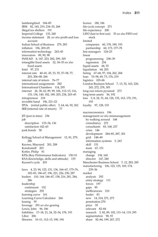 Index 311
Iambeingﬁred 184–85
IBM 82, 145, 219, 234–35, 268
illegal tax shelters 191
Imperial College 133, 240
income statement 28, see also proﬁt and loss
account
Indian School of Business 279, 283
inﬂation 196, 203–05
information technology 243–45
innovators 89, 90, 98
INSEAD 8, 147, 223, 282, 299, 305
intangible ﬁxed assets 32, 34–35 see also
ﬁxed assets
Intel 97, 231
interest rate 40–41, 45, 53, 55, 57–58, 77,
203, 206–08, 266
internal rate of return 76–77
international assignments 282
International Chambers 114, 295
internet 26, 30, 62, 89, 99, 106, 112–13, 116,
133, 136, 140, 182, 189, 203, 234, 243–45
intrapreneur 218
invisible hand 196, 221–22
IPOs (initial public oﬀer) 5, 64, 66, 92, 262
IRR (internal rate of return) 77
JIT (just in time) 236
job
description 133–34, 136
satisfaction 142–43
junk bonds 58
Kellogg School of Management 12, 81, 279,
286
Keynes, Maynard 201, 208
Kondratieﬀ 203
Kotler, Philip 81
KPIs (Key Performance Indicators) 150–51
KSA (knowledge, skills and a�itude) 155
Kuznet’s cycle 203
laws 4, 23, 94, 125, 131, 136, 166–67, 175–76,
182–83, 186–67, 196, 221, 226, 230, 287
leaders 110, 144, 146–47, 158, 216, 281, 284,
286
leadership
continuum 152
strategies 292
learning curve 161
Learning Curve Calculator 266
leasing 59
leverage 291 see also gearing
Lewis, John 96, 186
liabilities 17–18, 21, 24, 32–34, 178, 193
Libor 206
libraries 10–11, 112–13, 190, 194
licence 180, 186
life-cycle concept 271
life expectancy 200
LIFO (last in ﬁrst out) 35 see also FIFO and
stock
limited
companies 60, 178, 189, 193
partnership 60, 173, 177–78
line managers 124–25
linear
programming 238–39
regression 254
liquid assets 44, 55
liquidation 64, 203
listing 67–68, 97, 104, 262, 268
loan 53–58, 69, 73, 176, 219
logistics 105–06
London Business School 7, 13, 52, 163, 220,
243, 272, 278, 305
long-run return pyramid 273
long-term assets 56, 192
loss 3, 8, 24, 31, 64, 126, 152, 163, 170, 191,
193
loyalty 97, 128, 133
macroeconomics 196
management see also mismanagement
by walking around 148
consultancy 272
consultants 83, 168, 237
crisis 146
development 284–85, 287, 301
grid 148–49
information systems 5, 243
skill 151
team 67, 151
managing
change 158, 160
director 147, 240
Manchester Business School 7, 12, 283, 285
manufacturing 106, 122, 125, 169, 174,
235–36
market
analysis 292
entry strategy 111
forces 197
gaps 85
ineﬃciencies 210
leader 83
new 14, 214, 271, 273
penetration 270
price 35
relevant 82–84
research 3, 82, 89, 102, 111–14, 119, 295
segmentation 90, 93
share 82–84, 199, 267, 272
 