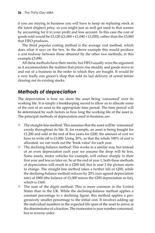 36 The Thirty-Day MBA
if you are staying in business you will have to keep on replacing stock at
the latest (higher) price, so you might just as well get used to that sooner
by accounting for it in your proﬁt and loss account. In this case the cost of
goods sold would be £3,120 (£1,060 + £1,040 + £1,020), rather than the £3,060
that FIFO produces.
The third popular costing method is the average cost method, which
does what it says on the box. In the above example this would produce
a cost midway between those obtained by the other two methods; in this
example £3,090.
All these methods have their merits, but FIFO usually wins the argument
as it accommodates the realities that prices rise steadily and goods move in
and out of a business in the order in which they are bought. It would be
a very badly run grocer’s shop that sold its last delivery of cereal before
clearing out its existing stocks.
Methods of depreciation
The depreciation is how we show the asset being ‘consumed’ over its
working life. It is simply a bookkeeping record to allow us to allocate some
of the cost of an asset to the appropriate time period. The time period will
be determined by such factors as how long the working life of the asset is.
The principal methods of depreciation used in business are:
 The straight-line method: This assumes that the asset will be ‘consumed’
evenly throughout its life. If, for example, an asset is being bought for
£1,200 and sold at the end of ﬁve years for £200, the amount of cost we
have to write oﬀ is £1,000. Using 20%, so that the whole 100% of cost is
allocated, we can work out the ‘book value’ for each year.
 The declining-balance method: This works in a similar way, but instead
of an even depreciation each year we assume the drop will be less.
Some assets, motor vehicles for example, will reduce sharply in their
ﬁrst year and less so later on. So at the end of year 1, both these methods
of depreciation will result in a £200 fall, but in year 2 the picture starts
to change. The straight-line method takes a further fall of £200, while
the declining-balance method reduces by 20% (our agreed depreciation
rate) of £800 (the balance of £1,000 minus the £200 depreciation so far),
which is £160.
 The sum of the digits method: This is more common in the United
States than in the UK. While the declining-balance method applies a
constant percentage to a declining ﬁgure, this method applies a pro-
gressively smaller percentage to the initial cost. It involves adding up
the individual numbers in the expected life span of the asset to arrive at
the denominator of a fraction. The numerator is year number concerned,
but in reverse order.
 