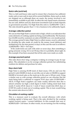 44 The Thirty-Day MBA
Quick ratio (acid test)
This is a belt and braces ratio used to ensure that a business has suﬃcient
ready cash or near cash to meet all its current liabilities. Items such as stock
are stripped out as although these are assets, the money involved is not
immediately available to pay bills. In eﬀect the only liquid assets a business
has are cash, debtors and any short-term investment such as bank deposits
or government securities. For High Note this ratio is: 12,000/4,908 = 2.44:1.
The ratio should be greater than 1:1 for a business to be suﬃciently liquid.
Average collection period
We can see that High Note’s current ratio is high, which is an indication that
some elements of working capital are being used ineﬃciently. The business
has £12,000 owed by customers on sales of £60,000 over a six-month period.
The average period it takes High Note to collect money owed is calculated
by dividing the sales made on credit by the money owed (debtors) and
multiplying it by the time period, in days; in this case the sum is as follows:
12,000/60,000 × 182.5 = 36.5 days.
If the credit terms are cash with order or seven days, then something is
going seriously wrong. If it is net 30 days then it is probably about right. In
this example it has been assumed that all the sales were made on credit.
Average payment period
This ratio shows how long a company is taking on average to pay its sup-
pliers. The calculation is as for average collection period, but substituting
creditors for debtors and purchase for sales.
Days stock held
High Note is carrying £9,108 stock of sheet music, CDs etc and over the
period it sold £30,000 of stock at cost (the cost of sales is £30,000 to support
£60,000 of invoiced sales as the mark-up in this case is 100 per cent). Using
a similar sum as with average collection period we can calculate that the
stock being held is suﬃcient to support 55.41 days sales (9,108/10,000 ×
182.5). If High Note’s suppliers can make weekly deliveries then this is
almost certainly too high a stock ﬁgure to hold. Cu�ing stock back from
nearly 8 weeks (55.41 days) to 1 week (7 days) would trim 48.41 days or
£7,957.38 worth of stock out of working capital. This in turn would bring
the current ratio down to 2.68:1.
Circulation of working capital
This is a measure used to evaluate the overall eﬃciency with which
working capital is being used. That is the sales divided by the working
capital (current assets – current liabilities). In this example that sum is:
60,000/16,420 = 3.65 times. In other words, we are turning over the working
 