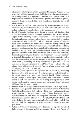 50 The Thirty-Day MBA
oﬀers a free-of-charge searchable Company Names and Address Index,
covering 2 million companies, searchable by either the company’s name
or its unique company registration number. You can use WebCHeck
to purchase a company’s latest accounts giving details of sales, proﬁts,
margins, directors, shareholders and bank borrowings at a cost of £1
per company.
 Credit reports such as those provided by www.ukdata.com, www.
checksure.biz, www.business-inc.co.uk cost around £8, are available
online and provide basic business performance ratios.
 FAME (Financial Analysis Made Easy) is a powerful database that
contains information on 3.4 million companies in the UK and Ireland.
Typically the following information is included: contact information
including phone, e-mail and web addresses plus main and other trading
addresses, activity details, 29 proﬁt and loss account and 63 balance
sheet items, cash ﬂow and ratios, credit score and rating, security and
price information (listed companies only), names of bankers, auditors,
previous auditors and advisers, details of holdings and subsidiaries
(including foreign holdings and subsidiaries), names of current and
previous directors with home addresses and shareholder indicator,
heads of department, and shareholders. You can compare each company
with detailed ﬁnancials with its peer group based on its activity codes,
and the so�ware lets you search for companies that comply with your
own criteria, combining as many conditions as you like. FAME is
available in business libraries and on CD from the publishers, who also
oﬀer a free trial (www.bvdep.com/en/companyInformationHome.html
> Company data - national > FAME).
 Keynote (www.keynote.co.uk) operates in 18 countries, providing
business ratios and trends for 140 industry sectors and suﬃcient in-
formation to assess accurately the ﬁnancial health of each industry
sector. Using this service you can ﬁnd out how proﬁtable a business
sector is and how successful the main companies operating in each
sector are. Executive summaries are free, but expect to pay between
£250 and £500 for most reports.
 London Stock Exchange’s website (www.londonstockexchange.com).
 Proshare (www.proshareclubs.co.uk > Research Centre > Performance
Tables) is an Investment Club website, which, once you have registered,
which you can do for free, has a number of tools that crunch public
company ratios for you. Select the companies you want to look at, then
the ratios you are most interested in: EPS, P/E, ROI, Dividend Yield and
so forth. Press the bu�on and in a couple of seconds all is revealed. You
can then rank the companies by performance in more or less any way
you want.
 Yahoo (h�p://uk.ﬁnance.yahoo.com > Free annual reports) has direct
links to several thousand public companies’ ‘Report and Accounts’
 