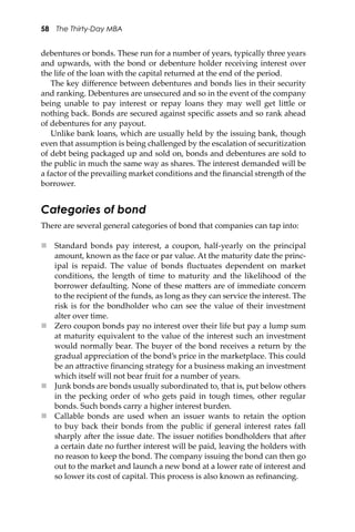 58 The Thirty-Day MBA
debentures or bonds. These run for a number of years, typically three years
and upwards, with the bond or debenture holder receiving interest over
the life of the loan with the capital returned at the end of the period.
The key diﬀerence between debentures and bonds lies in their security
and ranking. Debentures are unsecured and so in the event of the company
being unable to pay interest or repay loans they may well get li�le or
nothing back. Bonds are secured against speciﬁc assets and so rank ahead
of debentures for any payout.
Unlike bank loans, which are usually held by the issuing bank, though
even that assumption is being challenged by the escalation of securitization
of debt being packaged up and sold on, bonds and debentures are sold to
the public in much the same way as shares. The interest demanded will be
a factor of the prevailing market conditions and the ﬁnancial strength of the
borrower.
Categories of bond
There are several general categories of bond that companies can tap into:
 Standard bonds pay interest, a coupon, half-yearly on the principal
amount, known as the face or par value. At the maturity date the princ-
ipal is repaid. The value of bonds ﬂuctuates dependent on market
conditions, the length of time to maturity and the likelihood of the
borrower defaulting. None of these ma�ers are of immediate concern
to the recipient of the funds, as long as they can service the interest. The
risk is for the bondholder who can see the value of their investment
alter over time.
 Zero coupon bonds pay no interest over their life but pay a lump sum
at maturity equivalent to the value of the interest such an investment
would normally bear. The buyer of the bond receives a return by the
gradual appreciation of the bond’s price in the marketplace. This could
be an a�ractive ﬁnancing strategy for a business making an investment
which itself will not bear fruit for a number of years.
 Junk bonds are bonds usually subordinated to, that is, put below others
in the pecking order of who gets paid in tough times, other regular
bonds. Such bonds carry a higher interest burden.
 Callable bonds are used when an issuer wants to retain the option
to buy back their bonds from the public if general interest rates fall
sharply a�er the issue date. The issuer notiﬁes bondholders that a�er
a certain date no further interest will be paid, leaving the holders with
no reason to keep the bond. The company issuing the bond can then go
out to the market and launch a new bond at a lower rate of interest and
so lower its cost of capital. This process is also known as reﬁnancing.
 