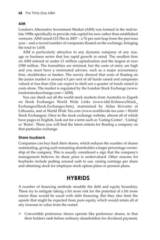 68 The Thirty-Day MBA
AIM
London’s Alternative Investment Market (AIM) was formed in the mid-to-
late 1990s speciﬁcally to provide risk capital for new rather than established
ventures. AIM raised £15.7bn in 2007 – a 76 per cent leap from the previous
year – and a record number of companies ﬂoated on the exchange, bringing
the total to 1,634.
AIM is particularly a�ractive to any dynamic company of any size,
age or business sector that has rapid growth in mind. The smallest ﬁrm
on AIM entered at under £1 million capitalization and the largest at over
£500 million. The formalities are minimal, but the costs of entry are high
and you must have a nominated adviser, such as a major accountancy
ﬁrm, stockbroker or banker. The survey showed that costs of ﬂoating on
the junior market is around 6.5 per cent of all funds raised and companies
valued at less than £2m can expect to shell out a quarter of funds raised in
costs alone. The market is regulated by the London Stock Exchange (www.
londonstockexchange.com > AIM).
You can check out all the world stock markets from Australia to Zagreb
on Stock Exchanges World Wide Links (www.tdd.lt/slnews/Stock_
Exchanges/Stock.Exchanges.htm), maintained by Aldas Kirvaitis of
Lithuania, and at World Wide Tax.com (www.worldwide-tax.com > World
Stock Exchanges). Once in the stock exchange website, almost all of which
have pages in English, look out for a term such as ‘Listing Center’, ‘Listing’
or ‘Rules’. There you will ﬁnd the latest criteria for ﬂoating a company on
that particular exchange.
Share buyback
Companies can buy back their shares, which reduces the number of shares
outstanding, giving each remaining shareholder a larger percentage owner-
ship of the company. This is usually considered a sign that the company’s
management believes its share price is undervalued. Other reasons for
buybacks include pu�ing unused cash to use, raising earnings per share
and obtaining stock for employee stock option plans or pension plans.
HYBRIDS
A number of ﬁnancing methods straddle the debt and equity boundary.
These try to mitigate taking a bit more risk for the potential of a bit more
return than would be usual with debt ﬁnancing. But they also limit the
upside that might be expected from pure equity, which would retain all of
any increase in value from the outset:
 Convertible preference shares operate like preference shares, in that
their holders rank before ordinary shareholders for dividend payment,
 