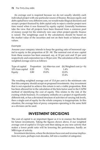 72 The Thirty-Day MBA
An average cost is required because we do not usually identify each
individual project with one particular source of ﬁnance. Because equity and
debt capital have very diﬀerent costs, we would make illogical decisions and
accept a project ﬁnanced by debt capital only to reject a similar project next
time round when it was ﬁnanced by equity capital. Generally businesses
take the view that all projects have been ﬁnanced from a common pool
of money except for the relatively rare case when project-speciﬁc ﬁnance
is raised. The weightings used in the calculations should be based on
the market value of the securities and not on their book or balance sheet
values.
Example
Assume your company intends to keep the gearing ratio of borrowed cap-
ital to equity in the proportion of 20 : 80. The nominal cost of new capital
from these sources has been assessed, say, at 10 per cent and 15 per cent
respectively and corporation tax is 30 per cent. The calculation of the overall
weighted average cost is as follows:
Type of capital Proportion (a) A�er-tax cost (b) Weighted cost (a × b)
10% loan capital 0.20 7.0% 1.4%
Equity 0.80 15.0% 12.0%
13.4%
The resulting weighted average cost of 13.4 per cent is the minimum rate
that this company should accept on proposed investments. Any investment
that is not expected to achieve this return is not a viable proposition. Risk
has been allowed for in the calculation of the beta factor used in the CAPM
method of identifying the cost of equity. This relates to the risk of the
existing whole business. If a company embarks on a project of signiﬁcantly
diﬀerent risk, or has a divisional structure of activities of varying risk levels,
then a single cost of equity for the whole company is inappropriate. In this
situation, the average beta of proxy companies operating in the same ﬁeld
as a division can be used.
INVESTMENT DECISIONS
The cost of capital is an important ﬁgure as it is in essence the threshold
for future investments. Taking the ﬁgures shown above, if our weighted
average cost of capital is 13.4 per cent then taking on any new activity that
makes a lower proﬁt ratio will be lowering the performance, hardly an
MBA type of activity.
Investment decisions, where the decisions have cost and revenue implica-
tions for years, perhaps even decades, fall into a number of categories:
 