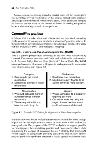 84 The Thirty-Day MBA
So any company capturing a sizeable market share will have an implied
cost advantage over any competitor with a smaller market share. That cost
advantage can then be used to make more proﬁt, lower prices and compete
for an even greater share of the market, or invest in making the product
be�er and so stealing a march on competitors.
Competitive position
It follows that if market share and relative size are important marketing
goals, you need to assess your products’ and services’ positions relative to
the competition in your relevant market. The techniques most used to carry
out this analysis are SWOT and perceptual mapping.
Strengths, weaknesses, threats and opportunities (SWOT)
This is a general-purpose tool developed in the late 1960s at Harvard by
Learned, Christensen, Andrews and Guth, and published in their seminal
book, Business Policy, Text and Cases (Richard D Irwin, 1969). The SWOT
framework consists of a cross, with space in each quadrant to summarize
your observations, as in Figure 3.2.
Figure 3.2 Example SWOT chart for a hypothetical Cobra Beer competitor
Strengths Weaknesses
1. Beginning to get brand
recognition
2. Established strongly in Indian
restaurants
1. Don’t have own production
2. Need more equity ﬁnance to be
able to advertise more strongly
Opportunities Threats
1. We could capitalize more on
our relationships in Indian
restaurants
2. We are only in the UK – so
have the world to go for
1. We are vulnerable to a big player
targeting our niche
2. Our sector looks like being the
target of major tax rises which
could reduce overall demand
In this example the SWOT analysis is restricted to a handful of areas, though
in practice the list might run to a dozen or more areas within each of the
four quadrants. The purpose of the SWOT analysis is to suggest possible
ways to improve the competitive position and hence market share while
minimizing the dangers of perceived threats. A strategy that this SWOT
would suggest as being worth pursuing could be to launch a low-alcohol
product (and sidestep the tax threat) that would appeal to all restaurants,
 