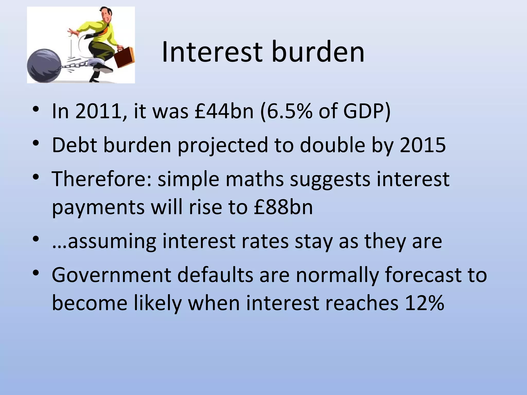 Interest burden
• In 2011, it was £44bn (6.5% of GDP)
• Debt burden projected to double by 2015
• Therefore: simple maths suggests interest
  payments will rise to £88bn
• …assuming interest rates stay as they are
• Government defaults are normally forecast to
  become likely when interest reaches 12%
 