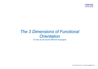 VABYDE
                                                                                Value By Design




The 3 Dimensions of Functional
         Orientation
      Or why we all speak different languages




                                                © I R Furmston-Evans, 2012 – I.furmston-evans@ntlworld.com
 