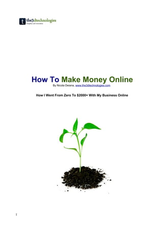How To Make Money Online
              By Nicola Deiana, www.the3dtechnologies.com


     How I Went From Zero To $2000+ With My Business Online




1
 