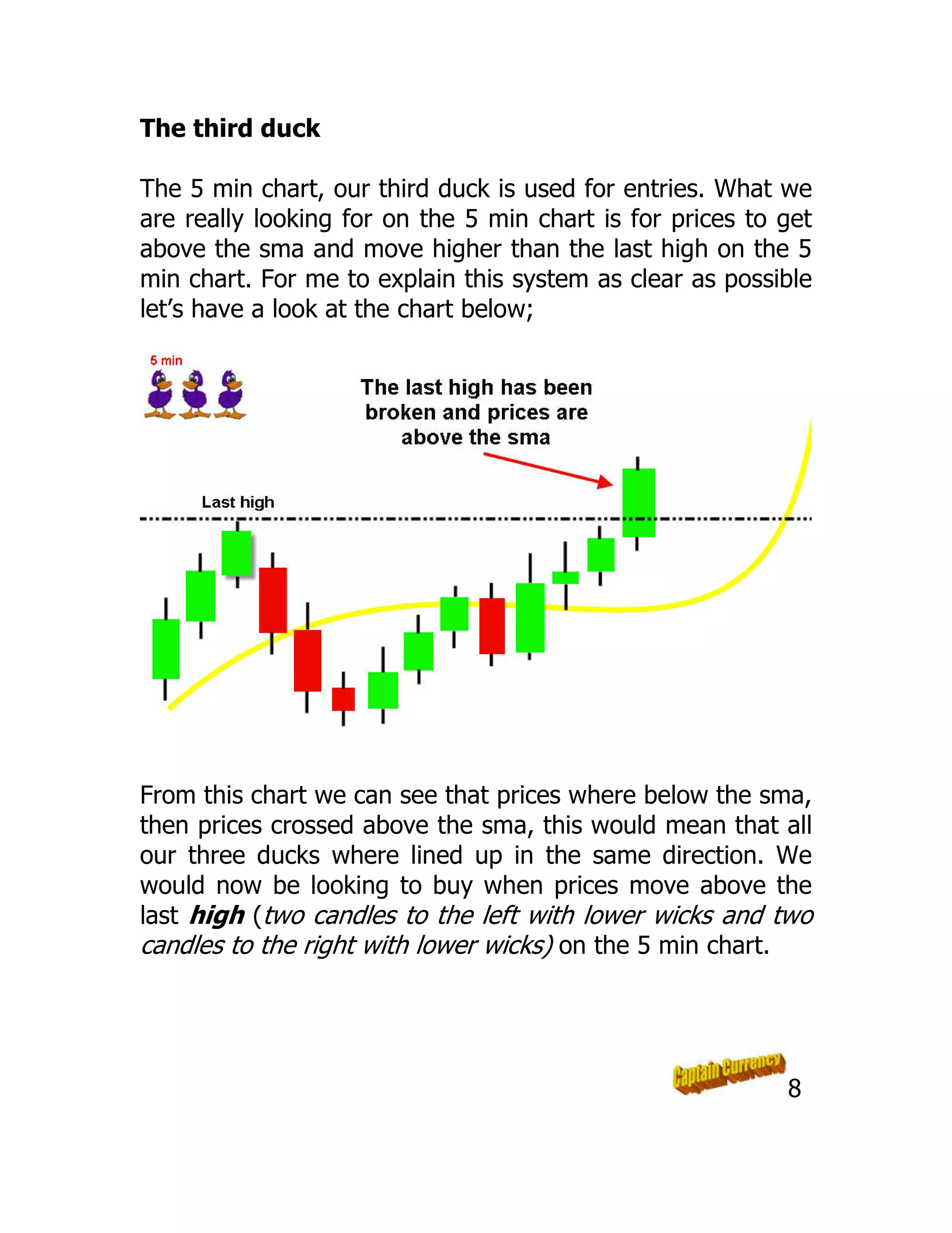 The third duck
The 5 min chart, our third duck is used for entries. What we
are really looking for on the 5 min chart is for prices to get
above the sma and move higher than the last high on the 5
min chart. For me to explain this system as clear as possible
let’s have a look at the chart below;
From this chart we can see that prices where below the sma,
then prices crossed above the sma, this would mean that all
our three ducks where lined up in the same direction. We
would now be looking to buy when prices move above the
last high (two candles to the left with lower wicks and two
candles to the right with lower wicks) on the 5 min chart.
8
 