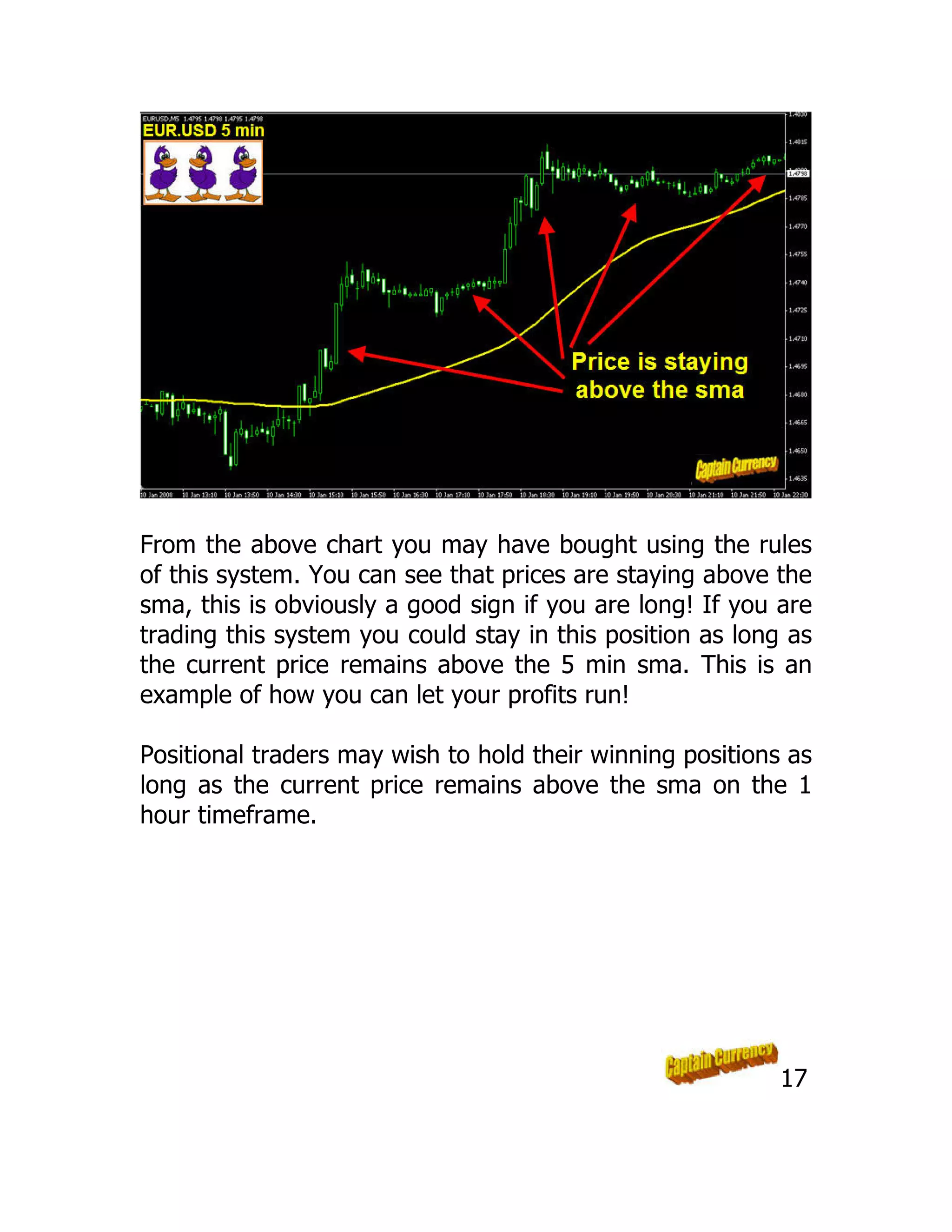 From the above chart you may have bought using the rules
of this system. You can see that prices are staying above the
sma, this is obviously a good sign if you are long! If you are
trading this system you could stay in this position as long as
the current price remains above the 5 min sma. This is an
example of how you can let your profits run!
Positional traders may wish to hold their winning positions as
long as the current price remains above the sma on the 1
hour timeframe.
17
 
