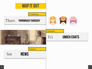 Thurs
MAP It OUT
Fri
Tradition
ThrowbackThursday
Alumni
UMICH CHATS
Sat NEWs
Social
 