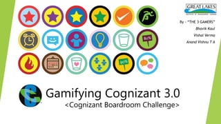 Gamifying Cognizant 3.0
<Cognizant Boardroom Challenge>
By - “THE 3 GAMERS”
Bhavik Kaul
Vishal Verma
Anand Vishnu T A
 