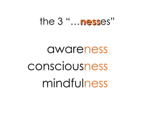 the 3 “… ness es” aware ness conscious ness mindful ness 