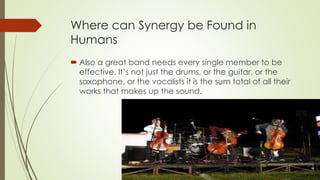 Where can Synergy be Found in
Humans
 Also a great band needs every single member to be
effective. It’s not just the drums, or the guitar, or the
saxophone, or the vocalists it is the sum total of all their
works that makes up the sound.
 