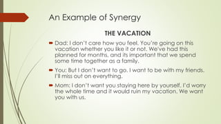 An Example of Synergy
THE VACATION
 Dad: I don’t care how you feel. You’re going on this
vacation whether you like it or not. We've had this
planned for months, and its important that we spend
some time together as a family.
 You: But I don’t want to go. I want to be with my friends.
I’ll miss out on everything.
 Mom: I don’t want you staying here by yourself. I’d worry
the whole time and it would ruin my vacation. We want
you with us.
 