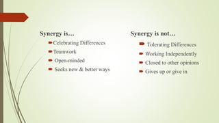 Synergy is…
Celebrating Differences
Teamwork
 Open-minded
 Seeks new & better ways
Synergy is not…
 Tolerating Differences
 Working Independently
 Closed to other opinions
 Gives up or give in
 