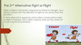 The 2nd Alternative Fight or Flight
Fight or flight is the body’s response to threat or danger. Your
body is faced with the decision to fight or run away from the
situation.
A third alternative response which often comes before fight
or flight is freezing. This is often used by prey as they seek not
to be noticed by predators.
 