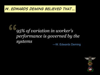 W. Edwards deming believed that…

“

95% of variation in worker’s
performance is governed by the
systems

---W. Edwards Deming

 