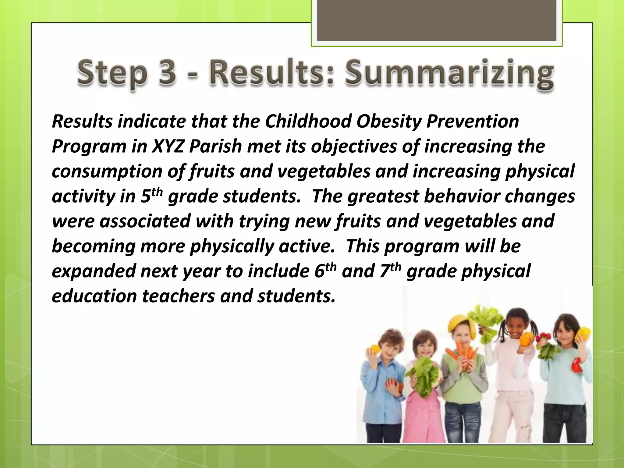 Results indicate that the Childhood Obesity Prevention
Program in XYZ Parish met its objectives of increasing the
consumption of fruits and vegetables and increasing physical
activity in 5th grade students. The greatest behavior changes
were associated with trying new fruits and vegetables and
becoming more physically active. This program will be
expanded next year to include 6th and 7th grade physical
education teachers and students.
 