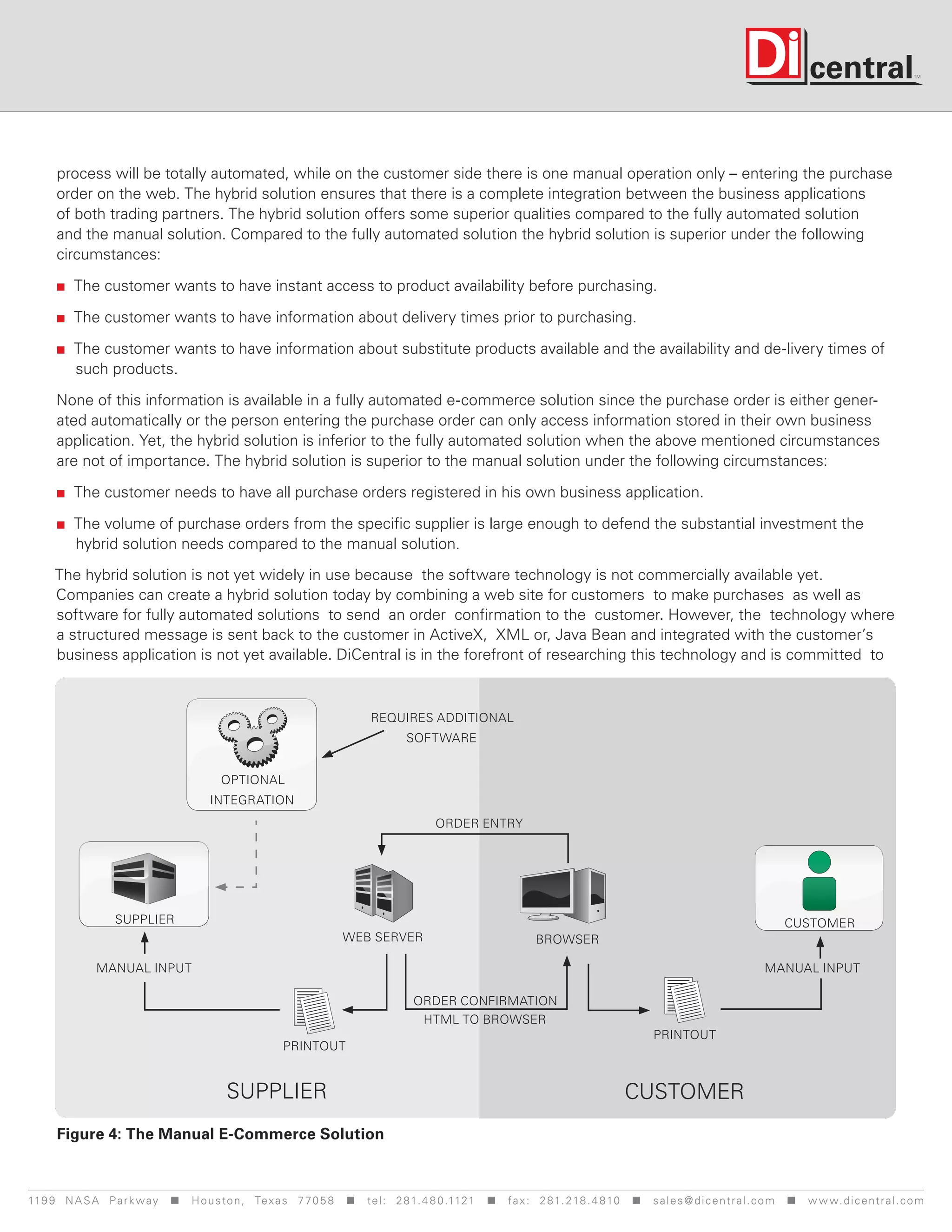 process will be totally automated, while on the customer side there is one manual operation only – entering the purchase
      order on the web. The hybrid solution ensures that there is a complete integration between the business applications
      of both trading partners. The hybrid solution offers some superior qualities compared to the fully automated solution
      and the manual solution. Compared to the fully automated solution the hybrid solution is superior under the following
      circumstances:

      The     customer wants to have instant access to product availability before purchasing.

      The     customer wants to have information about delivery times prior to purchasing.

      The   customer wants to have information about substitute products available and the availability and de-livery times of
          such products.

      None of this information is available in a fully automated e-commerce solution since the purchase order is either gener-
      ated automatically or the person entering the purchase order can only access information stored in their own business
      application. Yet, the hybrid solution is inferior to the fully automated solution when the above mentioned circumstances
      are not of importance. The hybrid solution is superior to the manual solution under the following circumstances:

      The     customer needs to have all purchase orders registered in his own business application.

      The   volume of purchase orders from the specific supplier is large enough to defend the substantial investment the
          hybrid solution needs compared to the manual solution.
     The hybrid solution is not yet widely in use because the software technology is not commercially available yet.
     Companies can create a hybrid solution today by combining a web site for customers to make purchases as well as
     software for fully automated solutions to send an order confirmation to the customer. However, the technology where
     a structured message is sent back to the customer in ActiveX, XML or, Java Bean and integrated with the customer’s
     business application is not yet available. DiCentral is in the forefront of researching this technology and is committed to



                                                                           requires additional
                                                                                   software


                                          optional
                                        integration
                                                                                         order entry




                   supplier                                                                                                                                           CUSTOMER
                                                                     web server                                browser

              manual input                                                                                                                                       manual input

                                                                                    order confirmation
                                                                                     html to browser
                                                                                                                                         printout
                                                        printout


                                           supplier                                                                                customer
      Figure 4: The Manual E-Commerce Solution



119 9 N A S A P a r k w a y  H o u s t o n , Tex a s 7 7 0 5 8  t e l : 2 8 1. 4 8 0 .1121  f a x : 2 8 1. 218 . 4 8 10  s a l e s @ d i c e n t r a l . c o m  w w w. d i c e n t r a l . c o m
 