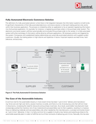 Fully Automated Electronic Commerce Solution
     The definition of a fully automated solution is that there is full integration between the information systems on both ends.
     A significant characteristic of the fully automated electronic commerce solution is that each trading partner only works
     within their business application. The process is initiated by either an application or by an operator registering information
     into the business application. An example, for instance, is registering purchase orders in the purchase order system. The
     electronic commerce system will then automatically communicate this purchase order to the vendor. In a fully automated
     system all further exchange of information will be done by software applications. All necessary actions are triggered by
     the system. Companies with established trading relationships are using fully automated solutions with suppliers and/or
     customers. Usually, the trading pattern is high volume and repetitive in nature. Important aspects are lead times, fault
     tolerance, and accuracy.




                                                                     order                   dispatch
                                                                                                                             invoice
                                                                information                    notice




                                                                                                                           purchase order
                                                                                                                               generated
                                                     In-house order
                                                                                                                            automatically
                                                     and inventory
                                                                                                                              by in-house
                   supplier                                                                                                                                           CUSTOMER
                                                                                                                              application




                                                 supplier                                 electronic
                                                                                                                                customer
                                                                                      purchase order


      Figure 2: The Fully Automated E-Commerce Solution


     The Case of the Automobile Industry
      A common trait for the automobile industry in more recent times has been “just-in-time” delivery and manufactur-
      ing. Since cars are high cost items, excess inventory is costly, and there is a risk of producing units that will not move
      in showrooms, increasing the need for discounts and purchase incentives. As a result, automobile manufacturers have
      increasingly pushed the inventory risk of raw material and sub-assemblies over to their suppliers, resulting in a massive
      focus on delivering materials and sub-assemblies only when needed by the manufacturers, a concept commonly known
      as “just-in-time” deliveries. In fact, it is fairly common for a supplier to build a new factory and warehouse close to the
      automobile assembly plant in order to fulfill the terms of their contracts of delivering just-in-time. Naturally, this has also



119 9 N A S A P a r k w a y < H o u s t o n , Tex a s 7 7 0 5 8 < t e l : 2 8 1. 4 8 0 .1121 < f a x : 2 8 1. 218 . 4 8 10 < s a l e s @ d i c e n t r a l . c o m < w w w. d i c e n t r a l . c o m
 