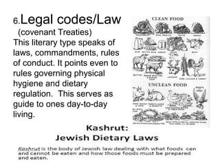 6.Legal codes/Law
(covenant Treaties)
This literary type speaks of
laws, commandments, rules
of conduct. It points even to
rules governing physical
hygiene and dietary
regulation. This serves as
guide to ones day-to-day
living.
 