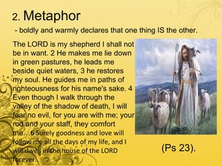 2. Metaphor
- boldly and warmly declares that one thing IS the other.
The LORD is my shepherd I shall not
be in want. 2 He makes me lie down
in green pastures, he leads me
beside quiet waters, 3 he restores
my soul. He guides me in paths of
righteousness for his name's sake. 4
Even though I walk through the
valley of the shadow of death, I will
fear no evil, for you are with me; your
rod and your staff, they comfort
me…6 Surely goodness and love will
follow me all the days of my life, and I
will dwell in the house of the LORD
forever.
(Ps 23).
 
