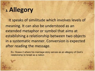 3. Allegory
It speaks of similitude which involves levels of
meaning. It can also be understood as an
extended metaphor or symbol that aims at
establishing a relationship between two objects
in a systematic manner. Conversion is expected
after reading the message.
Ex. Hosea 2 where his marriage story serves as an allegory of God’s
relationship to Israel as a nation
 