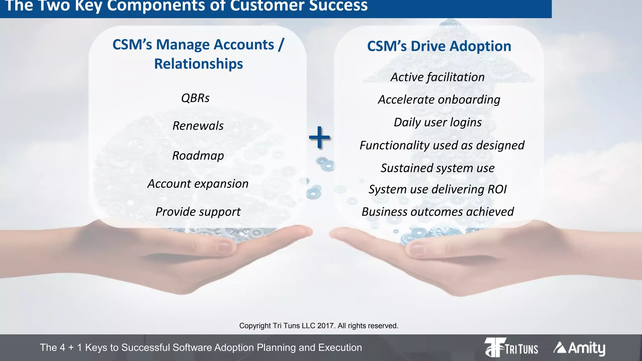 The 4 + 1 Keys to Successful Software Adoption Planning and Execution
+
CSM’s Drive Adoption
Daily user logins
Functionality used as designed
System use delivering ROI
Business outcomes achieved
Active facilitation
Accelerate onboarding
Sustained system use
CSM’s Manage Accounts /
Relationships
QBRs
Roadmap
Renewals
Account expansion
Provide support
The Two Key Components of Customer Success
Copyright Tri Tuns LLC 2017. All rights reserved.
 