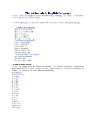 The 44 Sounds in English Language
19 vowel sounds including 5 long vowels, 5 short vowels, 3 dipthongs, 2 'oo' sounds, 4 'r' controlled
vowel sounds and 25 consonant sounds

The following lists provides you with sample words to teach the sounds in the English language.

    The 5 Short Vowel Sounds
    short -a- in and, as, after
    short -e- in pen, hen, lend
    short -i- in it, in
    short -o- in top, hop
    short -u- in under, cup
    The 6 Long Vowel Sounds
    long -a- in make, take
    long -e- in beet, feet
    long -i- in tie, lie
    long -o- in coat, toe
    long -u- (yoo) in rule
    long -oo- in few, blue
    The R-Controlled Vowel Sounds
    -ur- in her, bird, and hurt
    -ar- in bark, dark
    -or- in fork, pork, stork

The 18 Consonant Sounds
c, q and x are missing as they are found in other sounds. (The C sound is found in the k sounds and in
the s sound in words like cereal, city and cent. The Q sound is found in 'kw' words like backwards and
Kwanza. The X sound is also found in ks words like kicks.)
-b- in bed, bad
-k- in cat and kick
-d- in dog
-f- in fat
-g- in got
-h- in has
-j- in job
-l- in lid
-m- in mop
-n- in not
-p- in pan
-r- in ran
-s- in sit
-t- in to
-v- in van
-w- in went
-y- in yellow
-z- in zipper
 