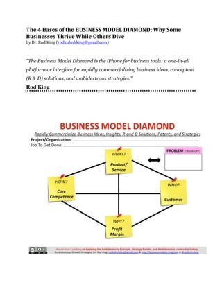 The	
  4	
  Bases	
  of	
  the	
  BUSINESS	
  MODEL	
  DIAMOND:	
  Why	
  Some	
  
Businesses	
  Thrive	
  While	
  Others	
  Dive	
  
by	
  Dr.	
  Rod	
  King	
  (rodkuhnhking@gmail.com)	
  	
  
	
  
	
  
"The Business Model Diamond is the iPhone for business tools: a one-in-all
platform or interface for rapidly commercializing business ideas, conceptual
(R & D) solutions, and ambidextrous strategies."
Rod King
 