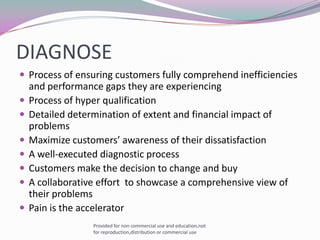 DIAGNOSEProcess of ensuring customers fully comprehend inefficiencies and performance gaps they are experiencingProcess of hyper qualification Detailed determination of extent and financial impact of  problems Maximize customers’ awareness of their dissatisfactionA well-executed diagnostic process Customers make the decision to change and buyA collaborative effort  to showcase a comprehensive view of their problemsPain is the acceleratorProvided for non commercial use and education,not for reproduction,distribution or commercial use