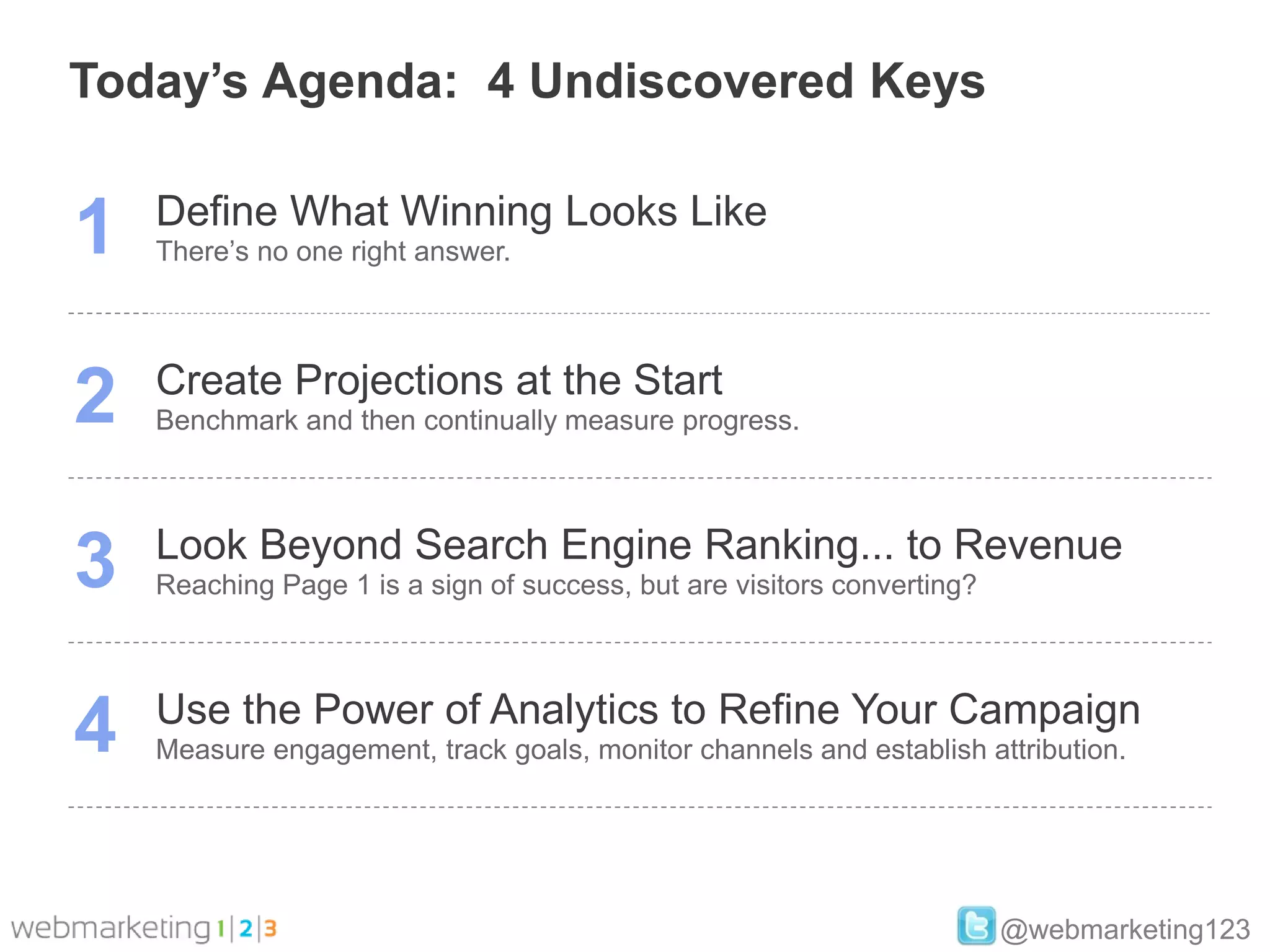Today’s Agenda: 4 Undiscovered Keys


1   Define What Winning Looks Like
    There’s no one right answer.




2   Create Projections at the Start
    Benchmark and then continually measure progress.




3   Look Beyond Search Engine Ranking... to Revenue
    Reaching Page 1 is a sign of success, but are visitors converting?




4   Use the Power of Analytics to Refine Your Campaign
    Measure engagement, track goals, monitor channels and establish attribution.




                                                                         @webmarketing123
 