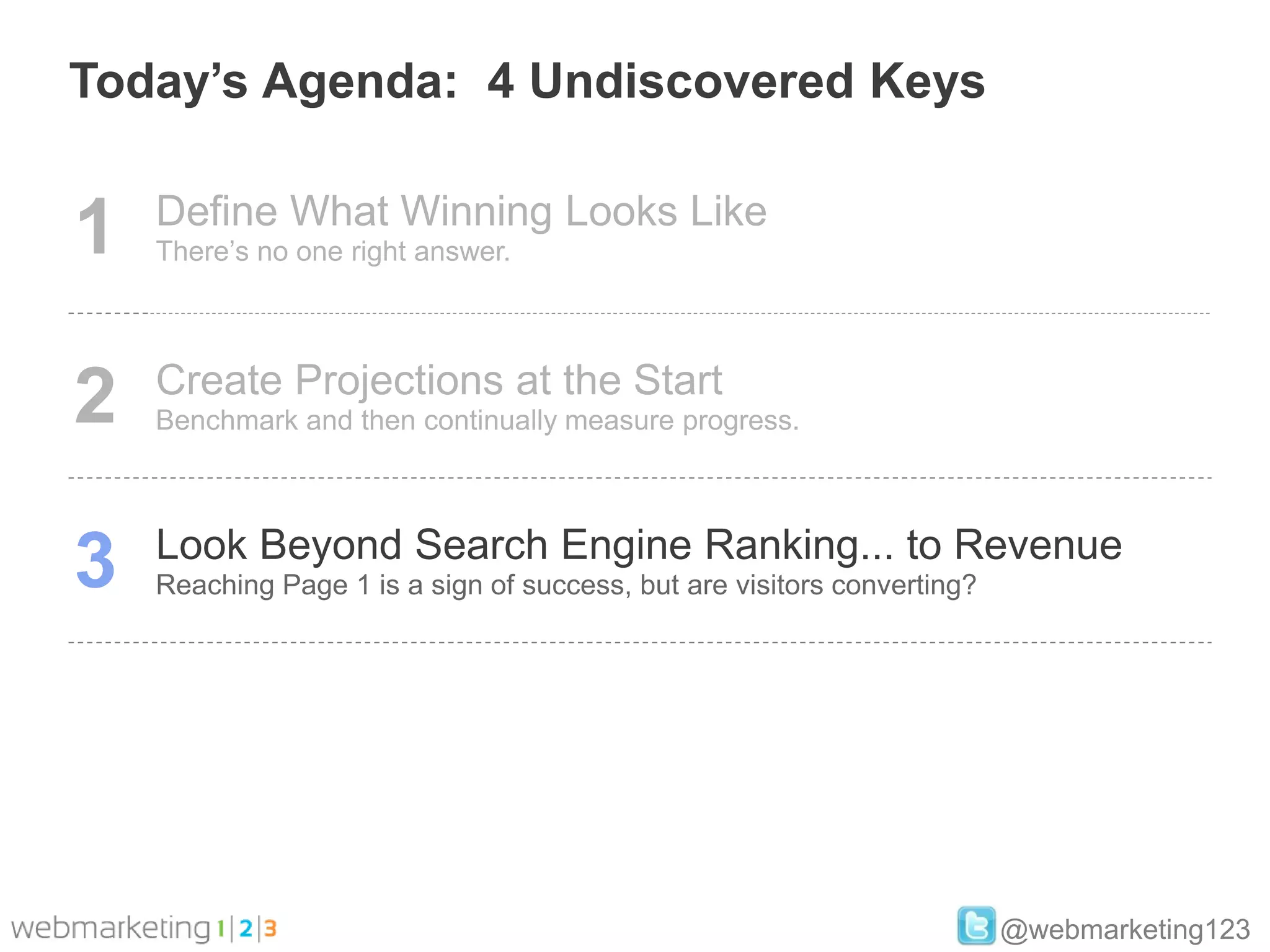 Today’s Agenda: 4 Undiscovered Keys


1   Define What Winning Looks Like
    There’s no one right answer.




2   Create Projections at the Start
    Benchmark and then continually measure progress.




3   Look Beyond Search Engine Ranking... to Revenue
    Reaching Page 1 is a sign of success, but are visitors converting?




                                                                         @webmarketing123
 