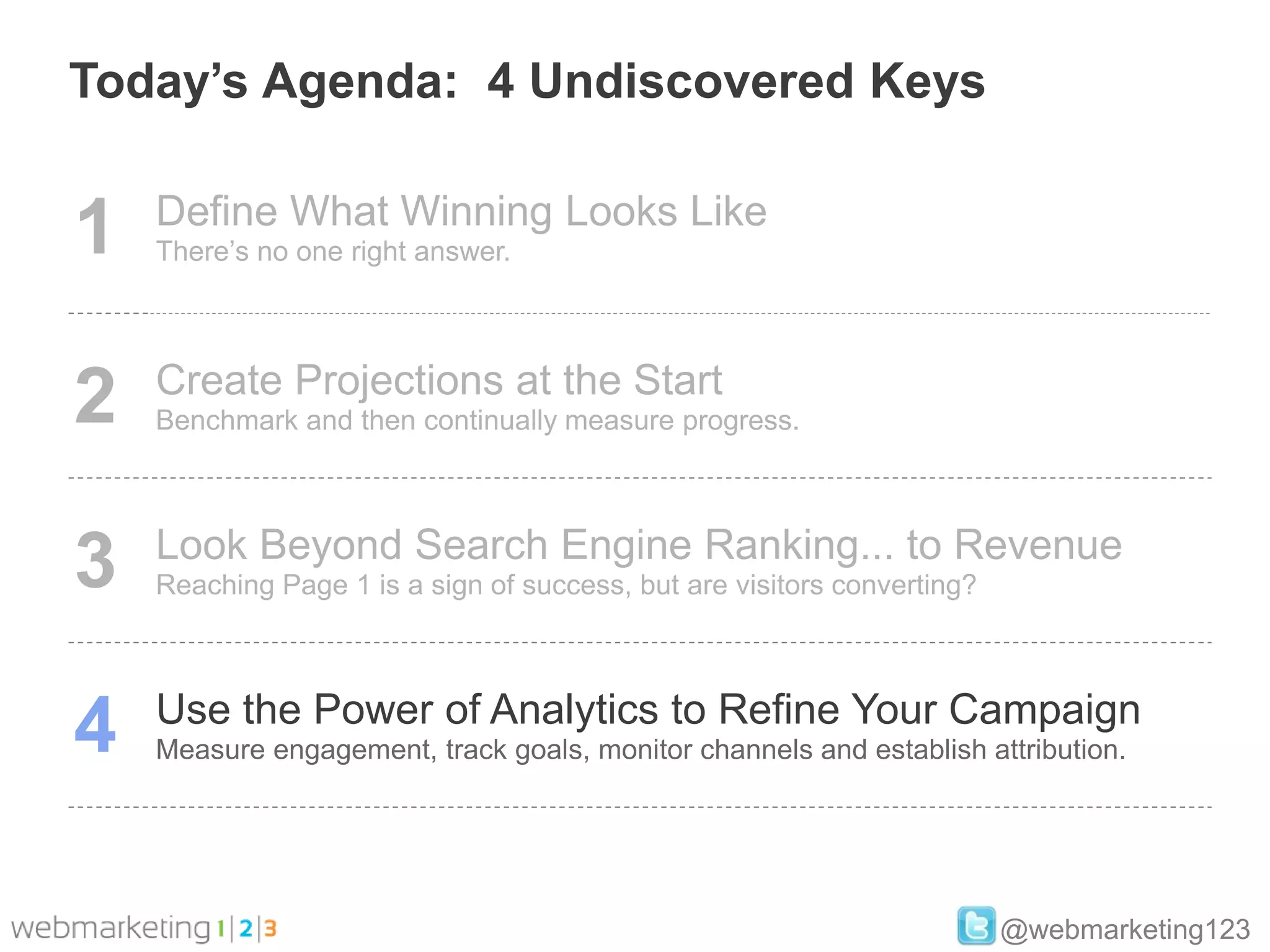 Today’s Agenda: 4 Undiscovered Keys


1   Define What Winning Looks Like
    There’s no one right answer.




2   Create Projections at the Start
    Benchmark and then continually measure progress.




3   Look Beyond Search Engine Ranking... to Revenue
    Reaching Page 1 is a sign of success, but are visitors converting?




4   Use the Power of Analytics to Refine Your Campaign
    Measure engagement, track goals, monitor channels and establish attribution.




                                                                         @webmarketing123
 