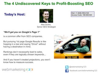 The 4 Undiscovered Keys to Profit-Boosting SEO

                                                             Dial: +1 (646) 558-2122
Today’s Host:                                                Access Code: 188-920-523




                                       Alex Dunks,
                                   Senior SEO Strategist

“We’ll get you on Google’s Page 1”
is a common offer from SEO companies.

But pursuing 1st page Google Results is like
hopping in a taxi and saying “Drive!” without
having a destination in mind.

Rankings don’t necessarily lead to sales,
even if they are logically chosen keywords...

And if you haven’t created projections, you won’t
know how to measure success.

                                                           @webmarketing123

                                                           facebook.com/webmarketing123
 