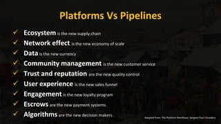 Platforms Vs Pipelines
 Ecosystem is the new supply chain
 Network effect is the new economy of scale
 Data is the new currency
 Community management is the new customer service
 Trust and reputation are the new quality control
 User experience is the new sales funnel
 Engagement is the new loyalty program
 Escrows are the new payment systems
 Algorithms are the new decision makers Adapted from: The Platform Manifesto, Sangeet Paul Choudary
 