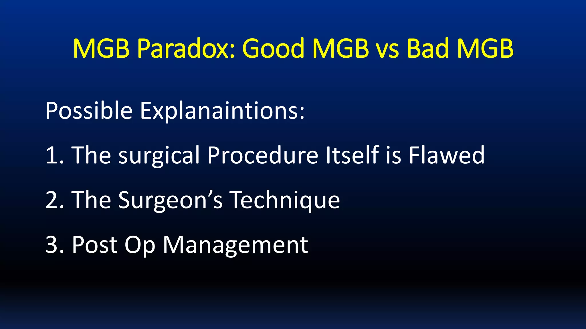 MGB Paradox: Good MGB vs Bad MGB
Possible Explanaintions:
1. The surgical Procedure Itself is Flawed
2. The Surgeon’s Technique
3. Post Op Management
 